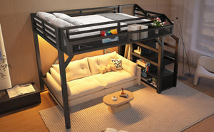 English Elm Twin Metal Loft Bed with Wardrobe Storage Stairs Led Lighting and Usb Ports W1580S00405