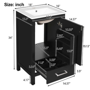 English Elm 18-Inch Modern Bathroom Vanity with Ceramic Sink, Soft-Close Doors, Divider Drawer & Adjusting Feet Black N729P334854B