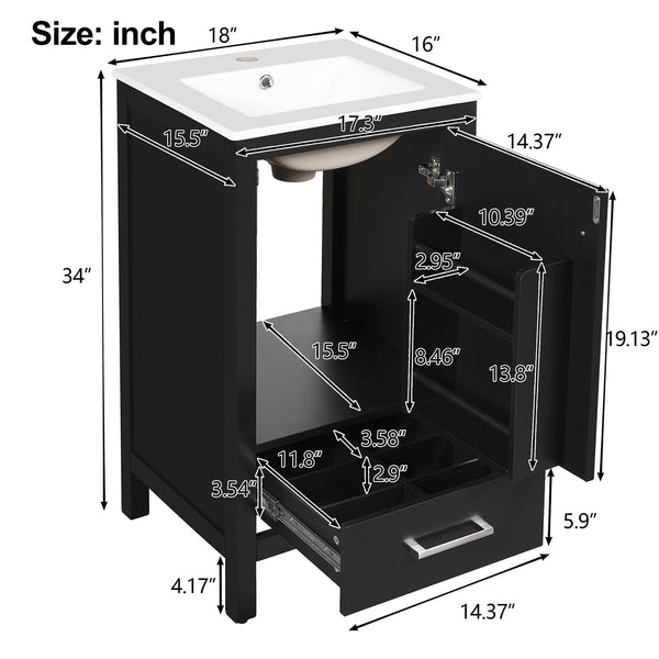 English Elm 18-Inch Modern Bathroom Vanity with Ceramic Sink, Soft-Close Doors, Divider Drawer & Adjusting Feet Black N729P334854B