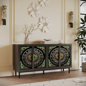 English Elm 60.3 Decorative Cabinet with Stained Glass Doors, Black Metal Frame Buffet for Entry Living Dining W2263P373331