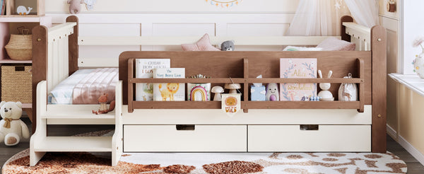 English Elm Twin Pine Floor Bed with Guardrails Built-in Bookcases and Stair Steps for Kids Beige W1580P430199