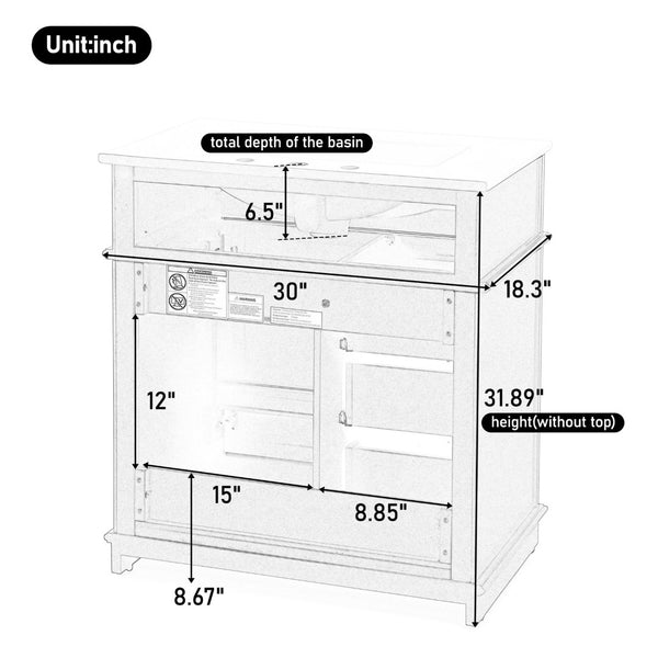 English Elm 30" Freestanding Bathroom Vanity Acacia Wood Matte Black Finish Gold Knobs Ceramic Sink N759P227429B