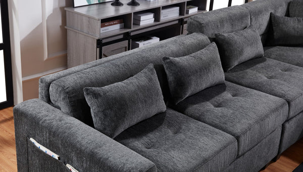 English Elm Trevi Chenille Sectional Sofa with Tufted Seats Charging Ports and Storage Ottoman B2749S00251