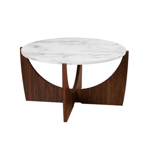 35" Round Coffee Table with Open Crossed Arch Base Calacatta Marble, Dark Walnut LNAL1KCMDW Walker Edison
