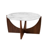 35" Round Coffee Table with Open Crossed Arch Base Calacatta Marble, Dark Walnut LNAL1KCMDW Walker Edison