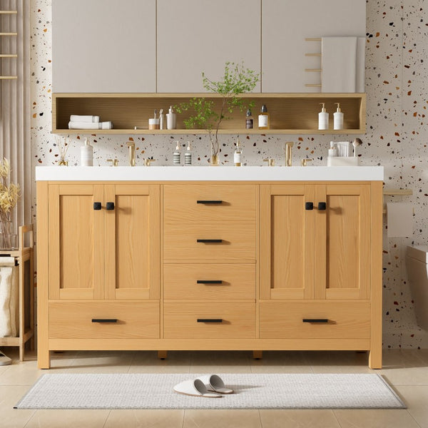 English Elm [video]59.3 Inch Wall Mounted Double Sink Vanity Wood Grain Mdf Soft Close Storage N729P000013O