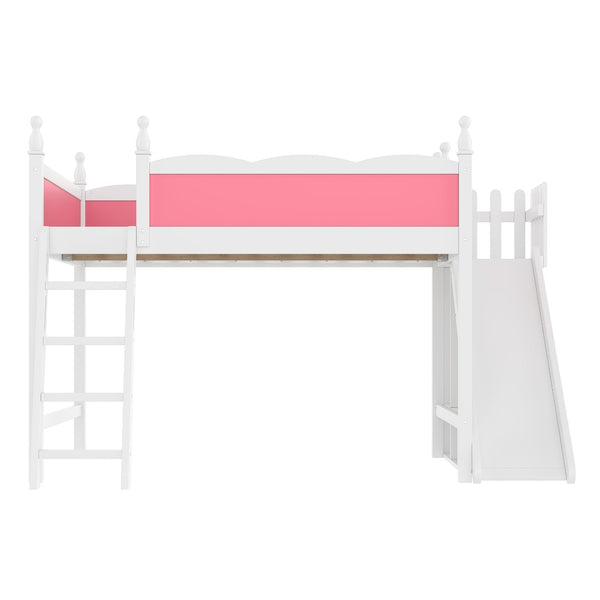 English Elm Queen Solid Pine Loft Bed with Wardrobe Shelves Detachable Slide and Dual Sleeping Zones Pink,White W5305S00026