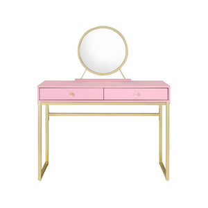 English Elm Coleen Pink & Gold Makeup Vanity Desk with Mirror, Crystal Handles, Jewelry Tray & 2 Drawers Decor B2726P315739
