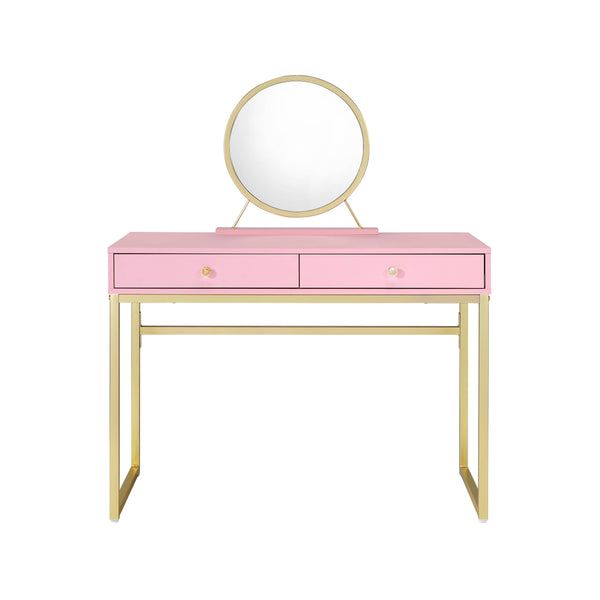 English Elm Coleen Pink & Gold Makeup Vanity Desk with Mirror, Crystal Handles, Jewelry Tray & 2 Drawers Decor B2726P315739