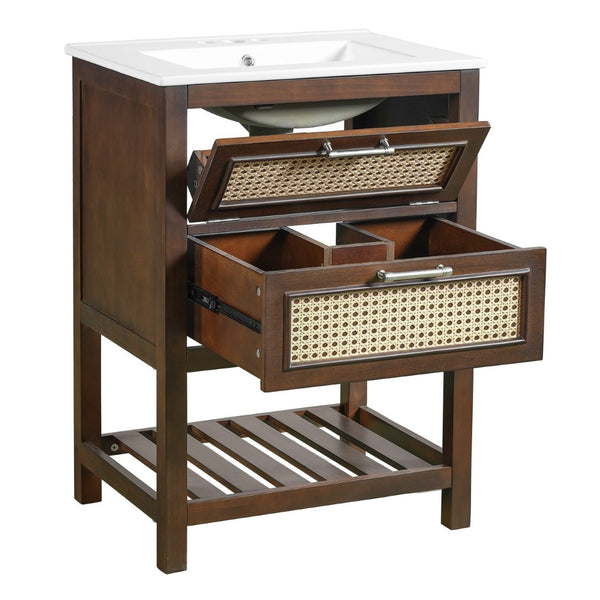 English Elm 24" Rattan Front Bathroom Vanity with Ceramic Sink Deep Drawer Storage Mdf Cabinet Dark Brown N710P293990P