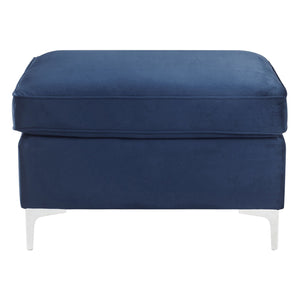 English Elm Blue Plush Rectangle Ottoman with Pocket Coil Support, Faux Fur Throw Pillows & Metal Legs for Durable Comfort B062P185661