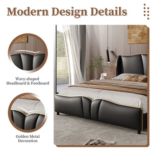 English Elm Christopher Knight Home® - Queen Plush Leather Upholstered Bed Frame with Wingback Headboard, Wavy Footboard, Quiet Support Black 85.2 L x 9.8 W x 3.25 H N761S0000016B