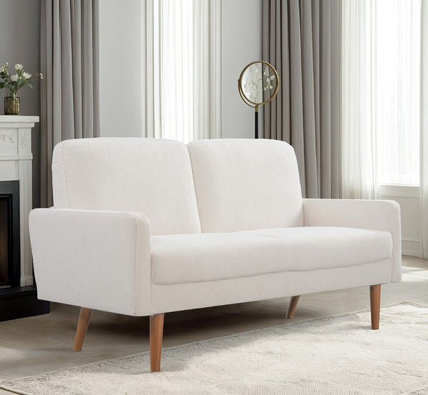 English Elm Velvet Upholstered Two Seat Loveseat with Tapered Wood Legs Mid Century European Style Ivory B2735P291963
