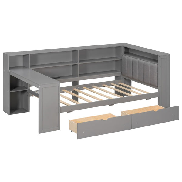 English Elm Wood Twin Size Platform Bed With Storage, Usb Charging, Desk, Led Lighting & Upholstered Headboard N7090001046E-GIGA