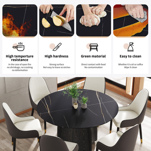 English Elm 53" Round Marble Dining Table For 6, Elegant Sintered Stone Top With Solid Oak Base, Stylish & Durable W1535S00377