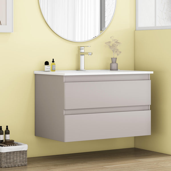 English Elm 32-Inch Wall-Mounted Bathroom Vanity With Soft-Close Drawers, Ceramic Sink & Modern Mocha Gray Finish W3151S00048