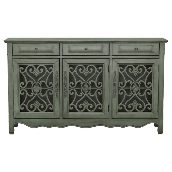 English Elm Naomi Distressed Green Cottage Buffet with Scrollwork Doors and Bronze Hardware B062P447800