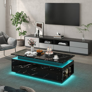 English Elm Coffee Table with Led Lighting Bluetooth Speaker Wireless Charging and Faux Marble Top Black T3773P415725