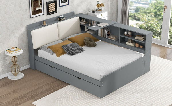 English Elm Wood Full Size platform bed with trundle, built-in storage headboard and shelves, sturdy pine frame Gray GX002055AAE