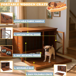 English Elm 33" Pine Wood Pet Crate End Table with Walnut Finish Swivel Feeder and Foldable Frame N843P322021W