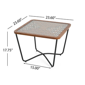 English Elm Modern Square Glass Top Coffee Table with Geometric Pattern and Black Metal Frame N770P197539B