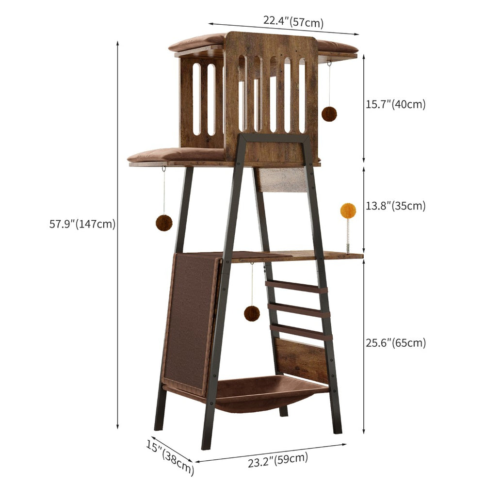English Elm Modern 58 Inch Cat Tower with Sisal Scratching Mat Hammock and Perch for Large Breeds W2641P460041