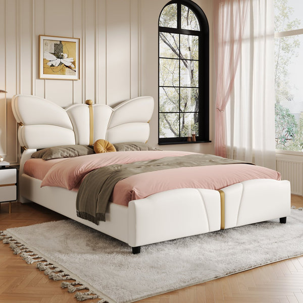 English Elm Christopher Knight Home® - Queen Plush Leather Upholstered Bed Frame with Wingback Headboard, Wavy Footboard, Quiet Support Beige 82 L x 10 W x 3.25 H N761S0000019W