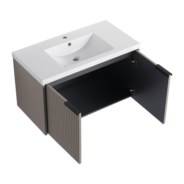English Elm 36" Floating Bathroom Vanity with Resin Sink, Wavy Doors, Dual Soft-Close Cabinets, Plywood Durable Finish W999P293173