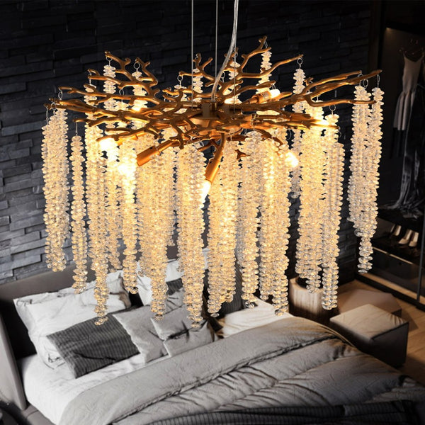 English Elm 24-inch Gold Iron Frame Chandelier with Crystal Strand Waterfall for Dining or Foyer W1340P232978