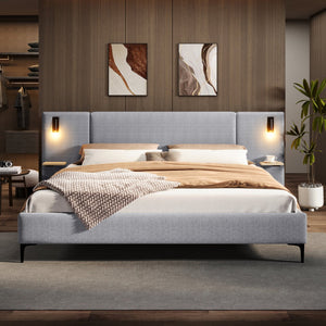 English Elm Christopher Knight Home® - Chic Linen Upholstered Bed With Integrated Lighting & Shelving, Grey Queen, Stylish Bedroom Retreat N769P264794Q