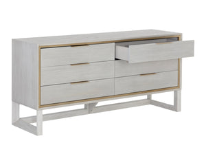 Sunpan Cordoba Dresser - Rustic Oak Elegance with Six Drawers, Pearl River Grey Finish & Gold Hardware