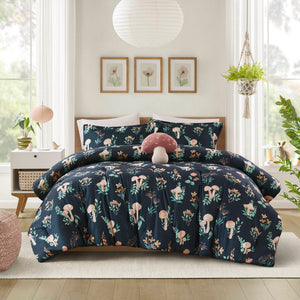 English Elm 4-piece Whimsical Mushroom Floral Microfiber Comforter Set with Shaped Accent Pillow Navy Multi B035P482879