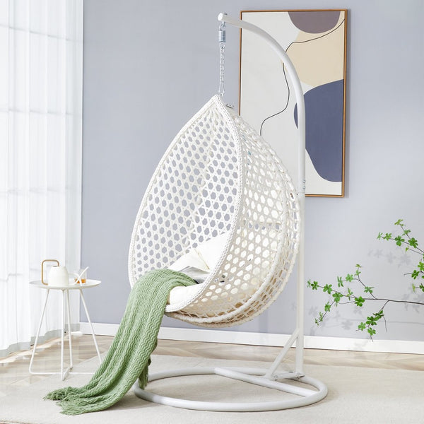 English Elm 76.8-inch Hand Woven Rattan Egg Swing Chair Indoor Outdoor with Cushion Lumbar Pillow White W1512P498593