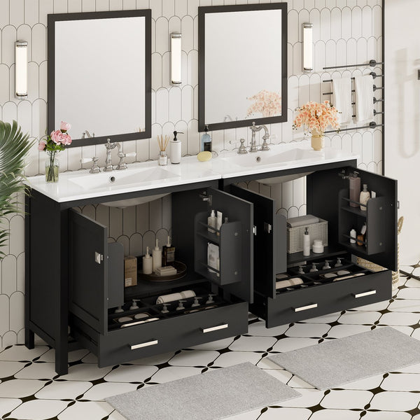 English Elm 72" Black Bathroom Vanity Set with Double Ceramic Sinks, Soft-Close Doors, Divided Drawer, Ample Storage and Solid Wood Frame for Durable Modern Style N729P000006B