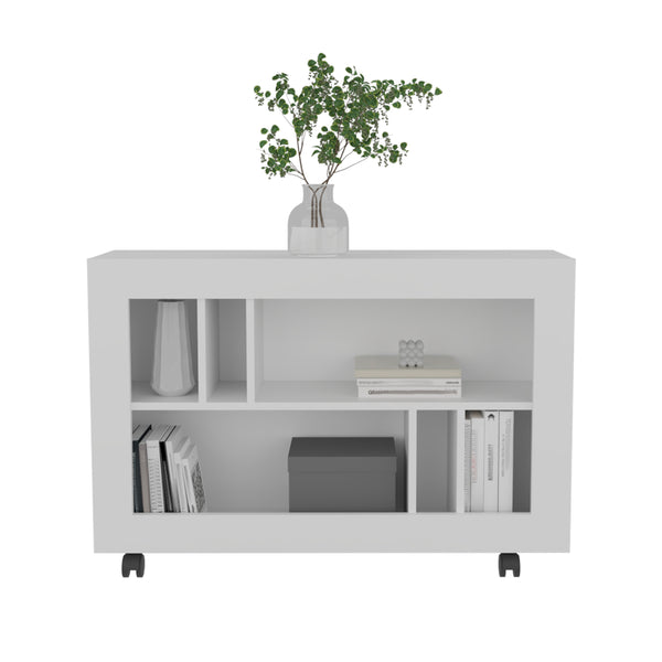 English Elm Joge versatile 37.4" console table cart with six staggered shelves, casters, sleek modern storage solution for entryway and living room White 42.9 L x 16.5 W x 5.5 H B200P286950