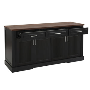 English Elm 63" Fluted Mdf Sideboard with Wood Tone Top Four Doors Three Drawers Dining Storage Black W2917S00010