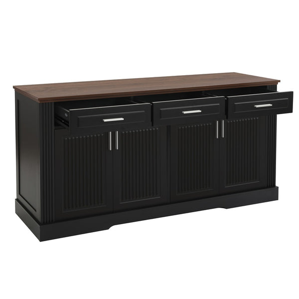 English Elm 63" Fluted Mdf Sideboard with Wood Tone Top Four Doors Three Drawers Dining Storage Black W2917S00010