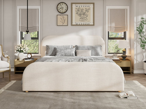 English Elm King Upholstered Bed Curved Linen Headboard Solid Wood Legs Transitional Bedroom N757K427673I