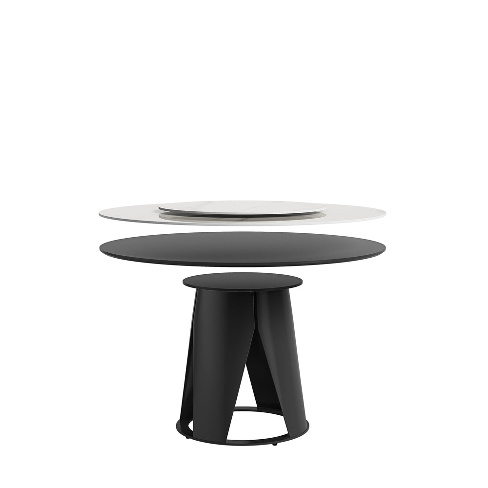 English Elm 59''Modern Sintered stone dining table with 35.4" turntable, white slate finish, metal pedestal, seats 6-8 robust and scratch-resistant elegance W509S00112