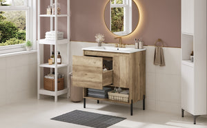 English Elm 30" Modern Wood Bathroom Vanity with Ceramic Sink, Soft-Close Door, Drawer Dividers & Open Shelf N710P247136P