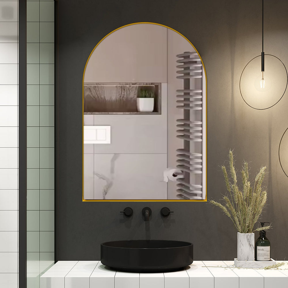 English Elm 24x36 Arched Recessed Medicine Cabinet with Mirror and Adjustable Shelves, Sleek Metal Frame Bathroom Storage Gold W1435P182923