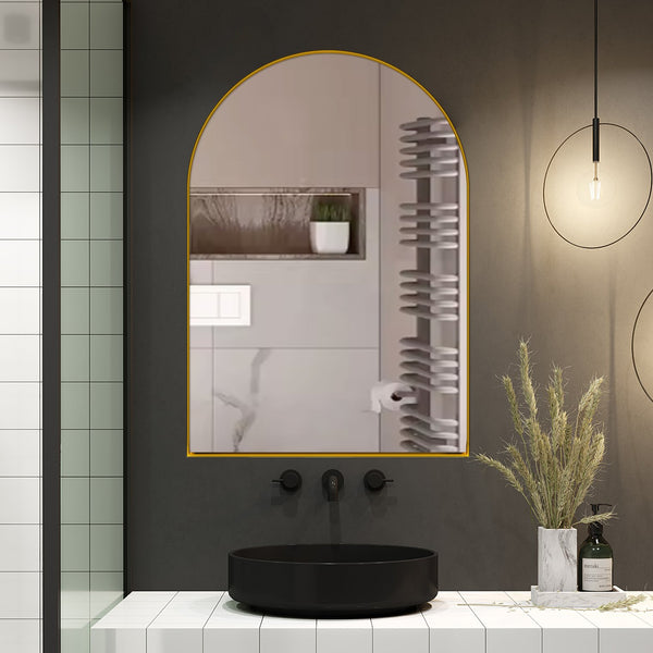 English Elm 24x36 Arched Recessed Medicine Cabinet with Mirror and Adjustable Shelves, Sleek Metal Frame Bathroom Storage Gold W1435P182923