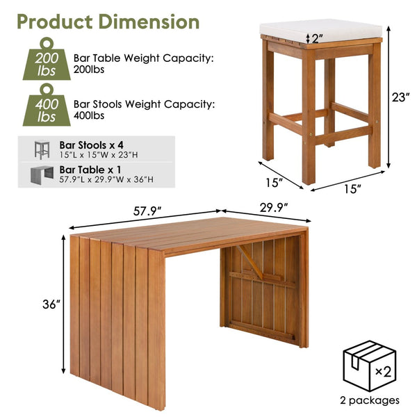English Elm 5 Piece Acacia Wood Outdoor Bar Set with Four Cushioned Stools for Patio Dining N704G201252K