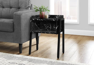 English Elm Accent 2-Tier Side Table with Black Marble-Look Tray Top, Storage Cubby & Adjustable Metal Legs, Modern B2710P219346