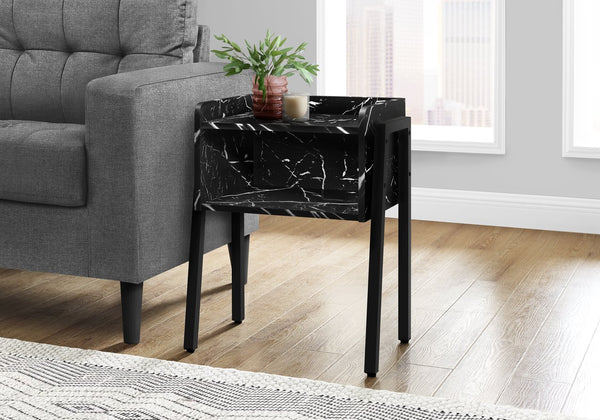 English Elm Accent 2-Tier Side Table with Black Marble-Look Tray Top, Storage Cubby & Adjustable Metal Legs, Modern B2710P219346