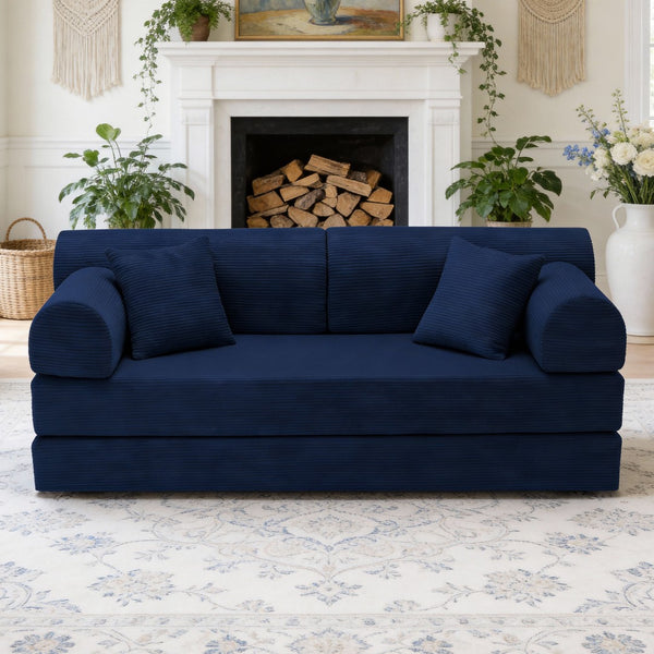 English Elm Convertible Corduroy Floor Sofa Folds Flat as Sleeper Daybed for Studio Living Blue W5532P438821
