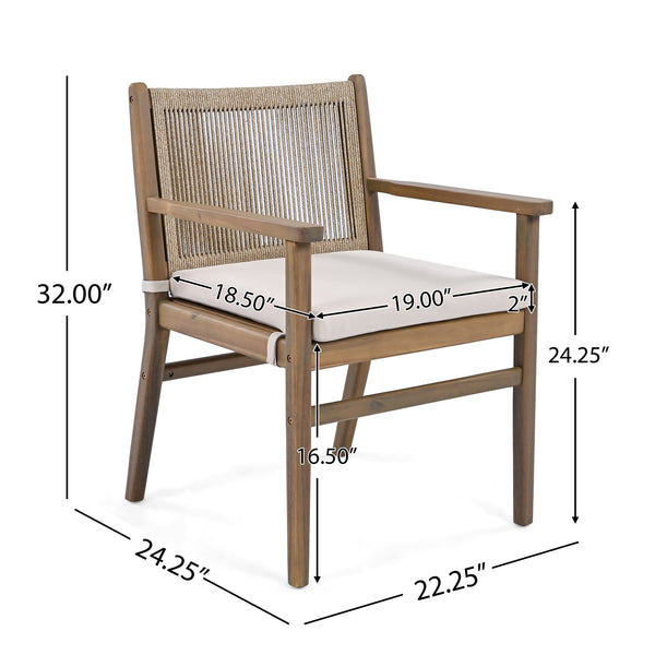 English Elm Christopher Knight Home® - Outdoor Acacia Wood Dining Chairs Set of 2 with Woven Rope Back, Waterproof Cushions, 400lb Capacity Light Brown N779P224995B