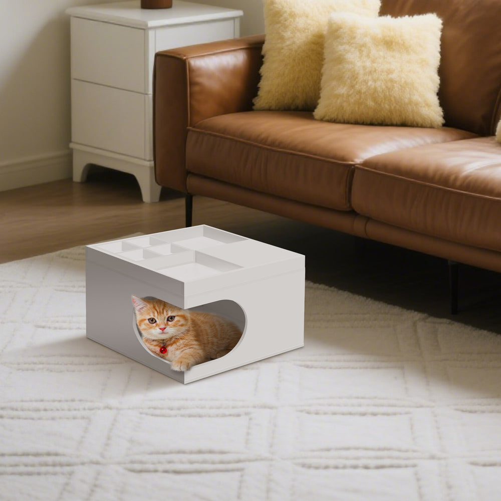 English Elm Multifunctional Creamy White Cat Station Side Table with Hidden Bed, Modular Storage, Compact 40cm W2761P248562