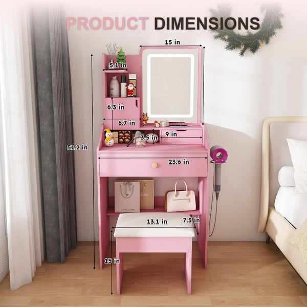 English Elm 3-color Led Vanity Table with Stool Drawers and Built-in Power Hub for Bedroom Pink W2700P457871
