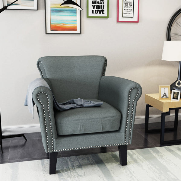 English Elm Christopher Knight Home® - CLUB Chair with Curved Silhouette and Nailhead Trim — Upholstered Luxury Accent Seat with Birch Legs Blue+Grey 31.5 L x 24.75 W x 23 H 60841.00STB